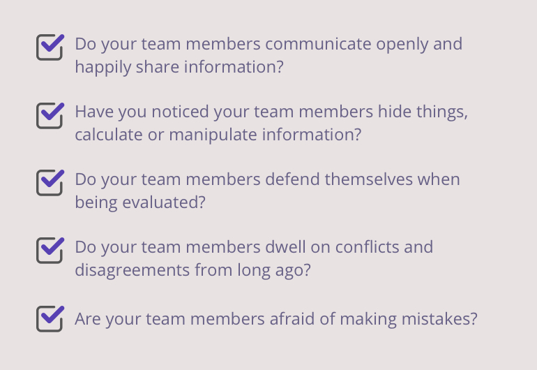 A check list of trust issues indicators in the workplace.
