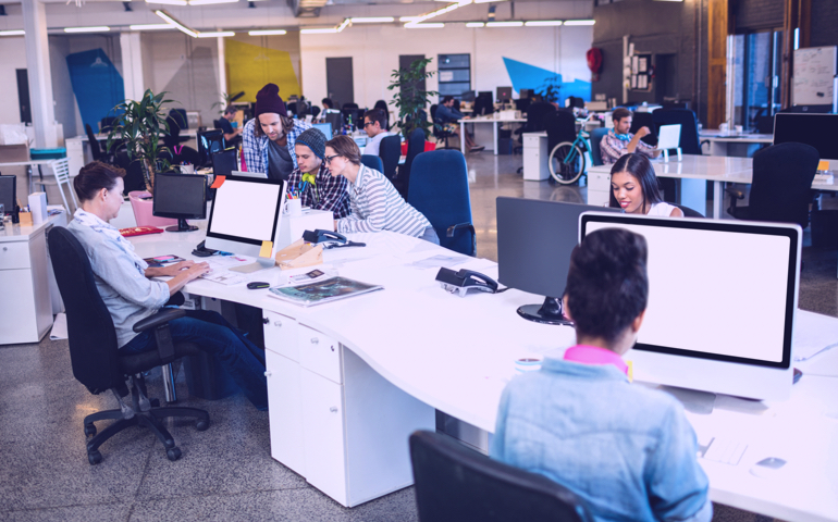 An open office with workers.